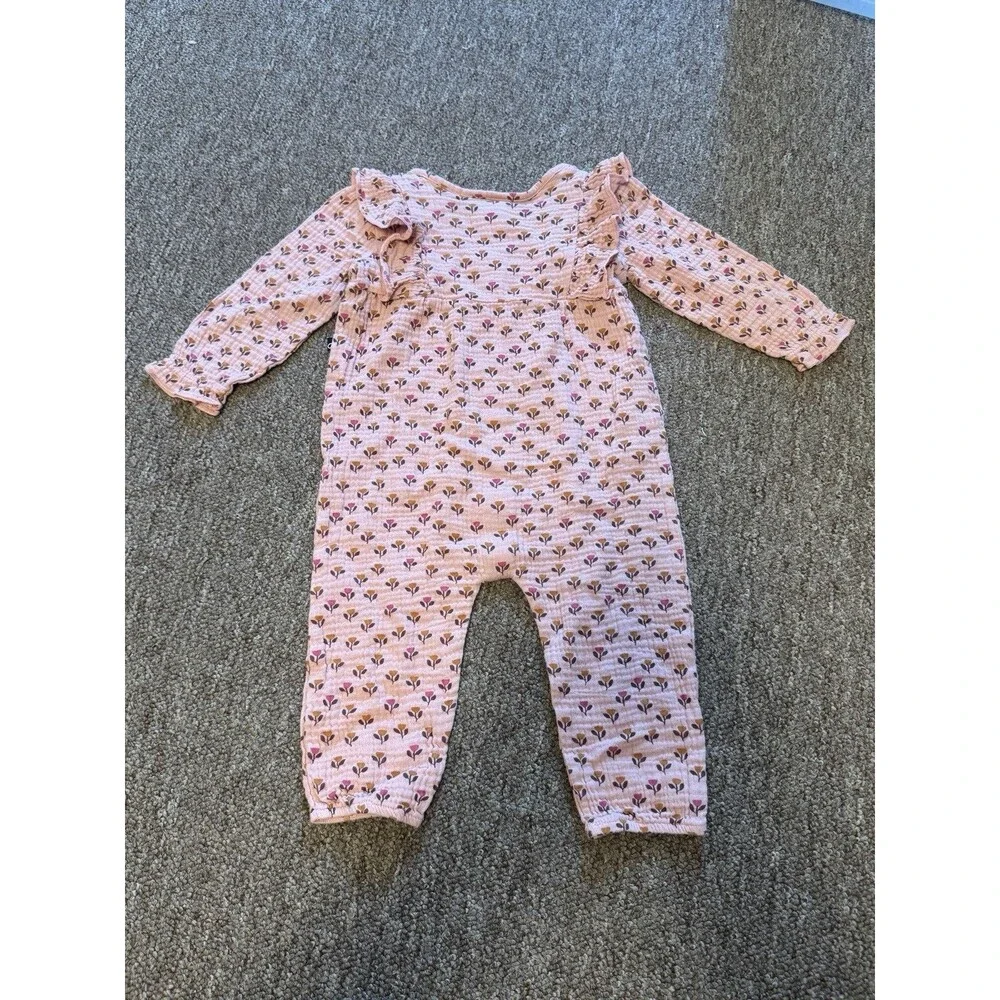 Deux Par Deux Baby Girls Muslin Jumpsuit With Ruffle Pinky Tulip Print 18M EUC